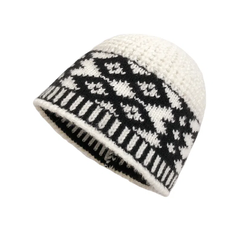 北极绒 复古拼色菱形格 百搭毛线秋冬显脸小包头保暖冷帽 聚酯纤维 绒线帽 男女同款情侣款