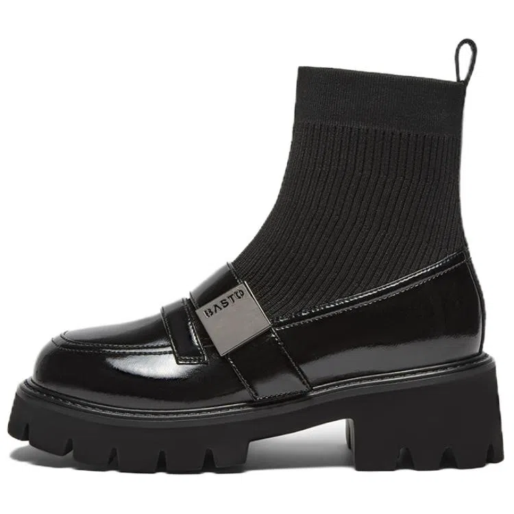 百思图 织物 时尚潮流 通勤袜靴 短靴 女款 黑色