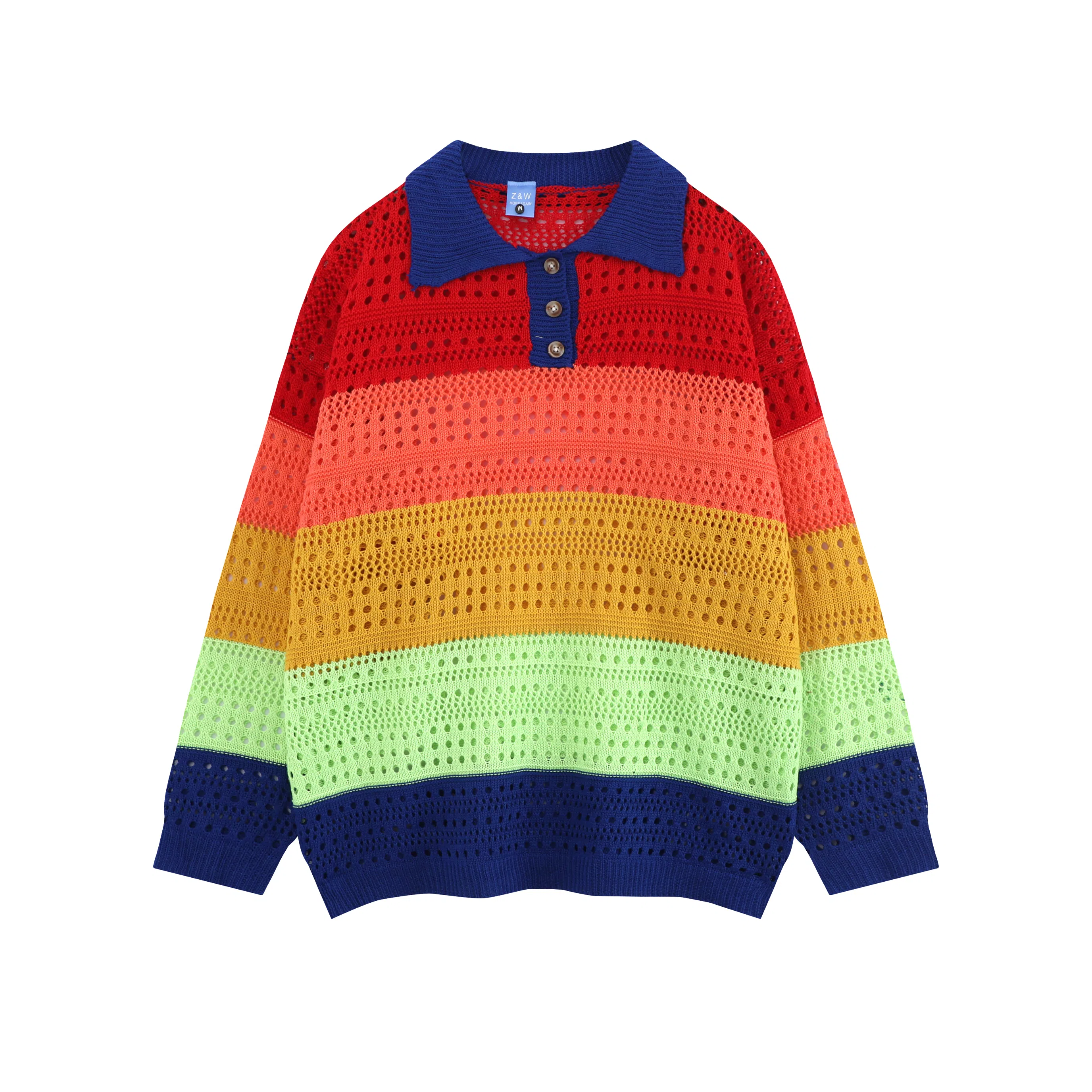 水中花 条纹撞色镂空长袖针织衫 女款 彩色