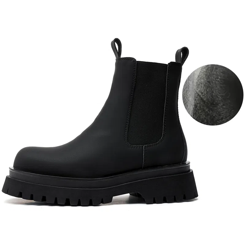 超纤皮 厚底时尚简约通勤休闲复古户外 短筒 切尔西靴 中跟 男款 经典黑色