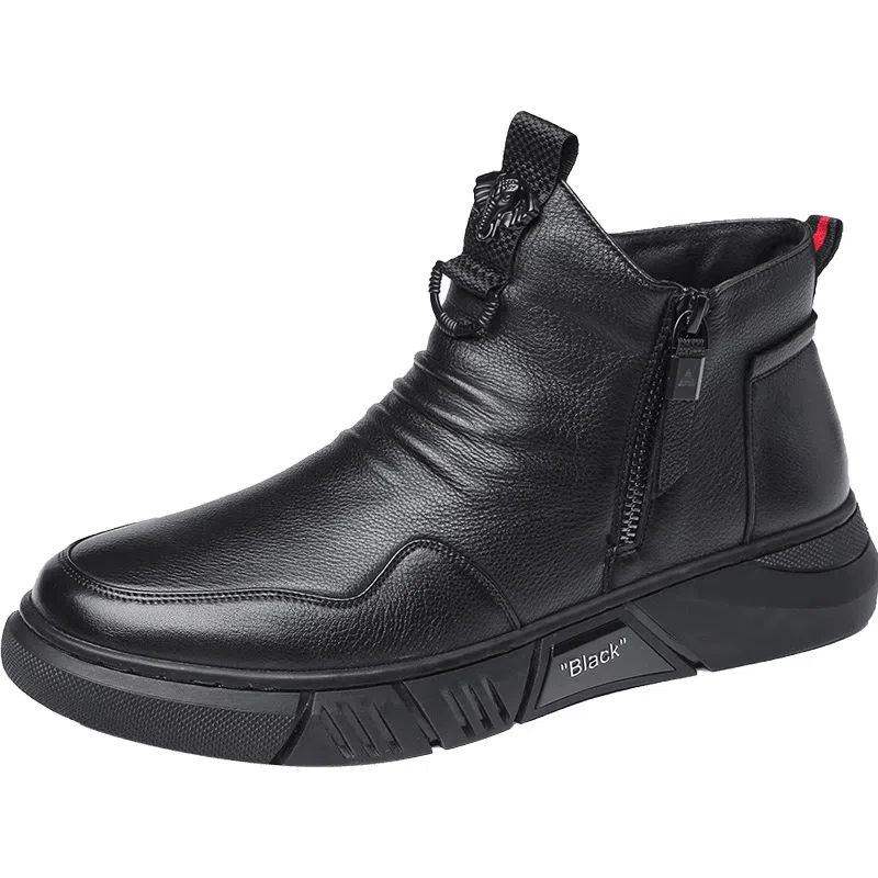 澳伦 头层牛皮 软皮舒适加绒保暖 短靴 男款 黑色
