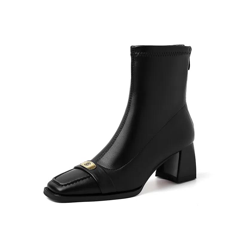 牛皮革 经典时尚粗跟方头金属扣百搭 短靴 女款