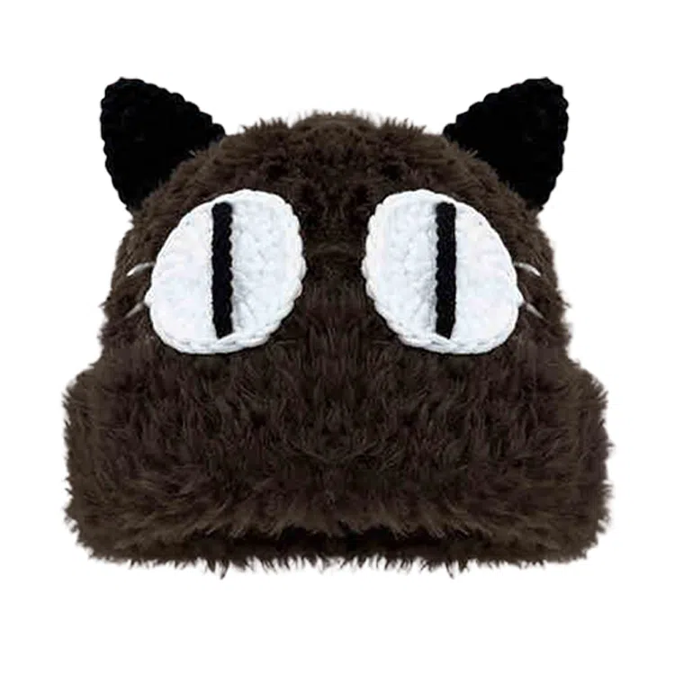 雅鹿 可爱猫咪大眼毛绒绒针织帽秋冬季保暖加厚加绒大头围百搭学生显脸小毛线帽 棉 绒线帽 男女同款情侣款 礼盒装