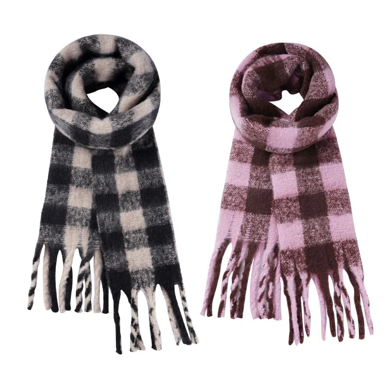 啄木鸟 高级感仿马海毛条纹撞色加绒加厚学生百搭秋冬季保暖格子长款流苏 绒线围巾 男女同款情侣款