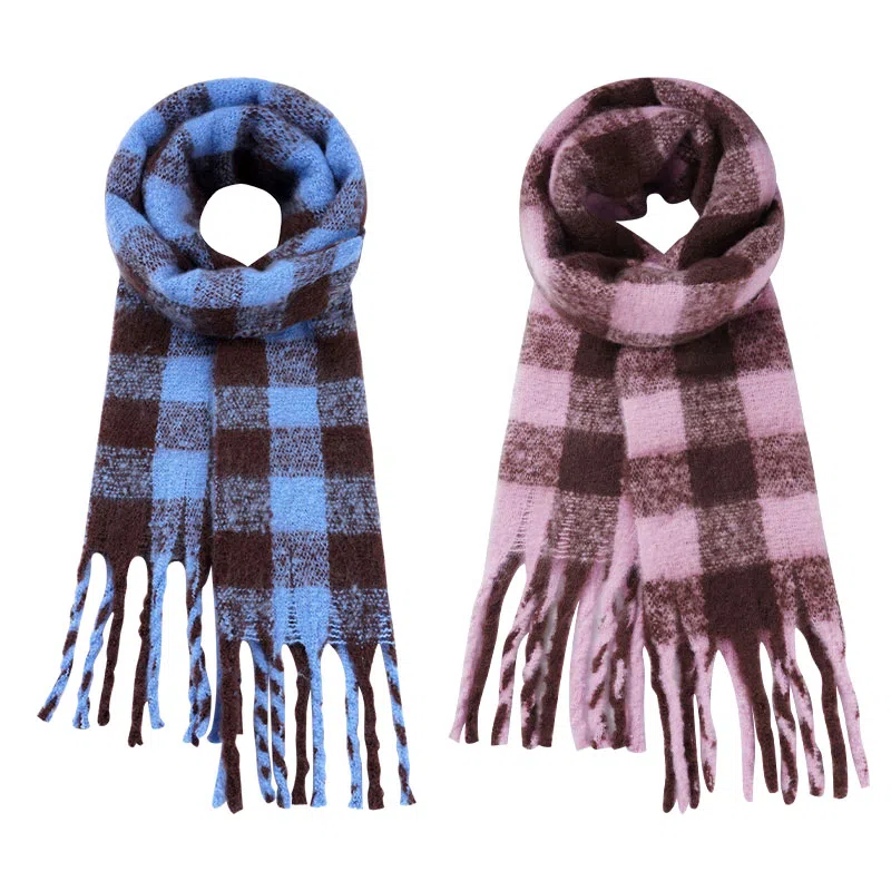 啄木鸟 高级感仿马海毛条纹撞色加绒加厚学生百搭秋冬季保暖格子长款流苏 绒线围巾 男女同款情侣款