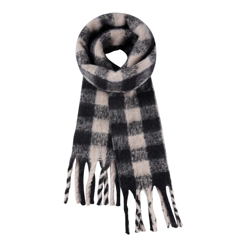 啄木鸟 高级感仿马海毛条纹撞色加绒加厚学生百搭秋冬季保暖格子长款流苏 绒线围巾 男女同款情侣款