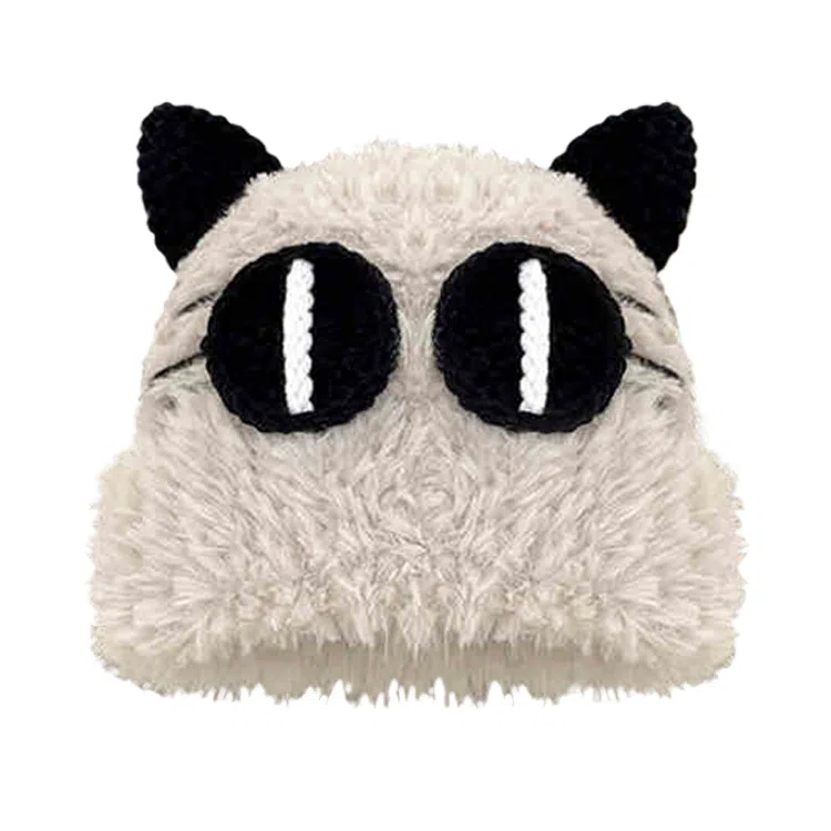 雅鹿 可爱猫咪大眼毛绒绒针织帽秋冬季保暖加厚加绒大头围百搭学生显脸小毛线帽 棉 绒线帽 男女同款情侣款 礼盒装