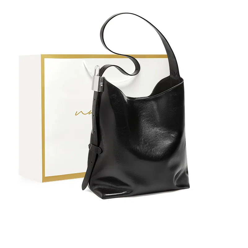 纳兰杜 通勤美拉德复古简约松弛感 牛皮拼合成革 水桶包单肩包 大号 女款 棕色/黑色