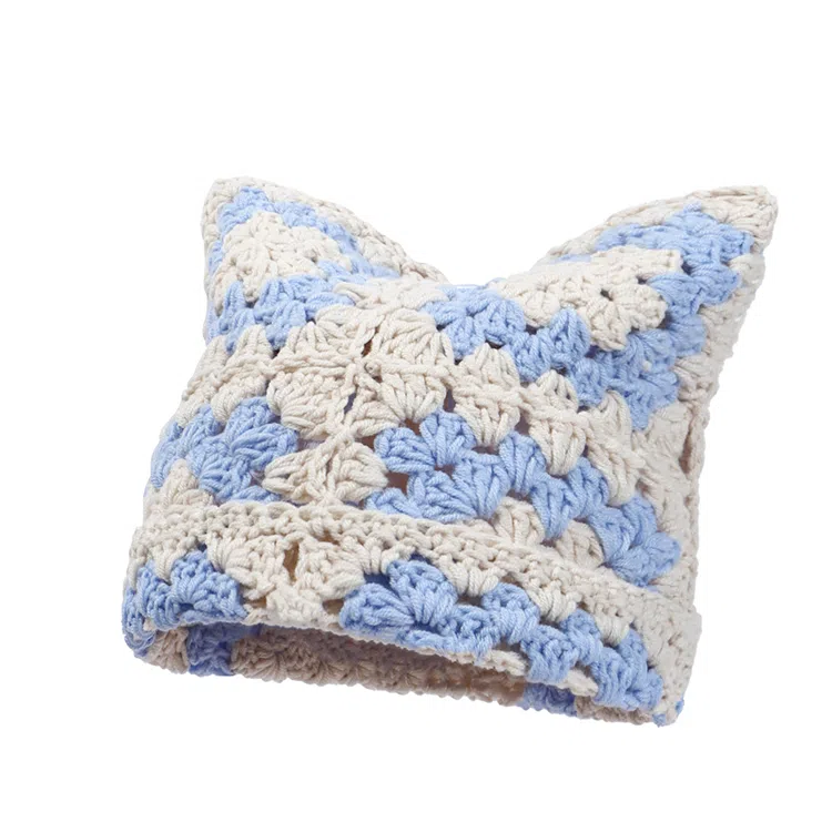 山一丸 秋冬可爱猫耳朵纯手工钩织新款保暖套头 腈纶 绒线帽 男女同款情侣款