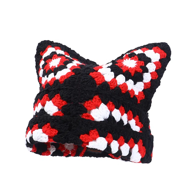 山一丸 秋冬可爱猫耳朵纯手工钩织新款保暖套头 腈纶 绒线帽 男女同款情侣款