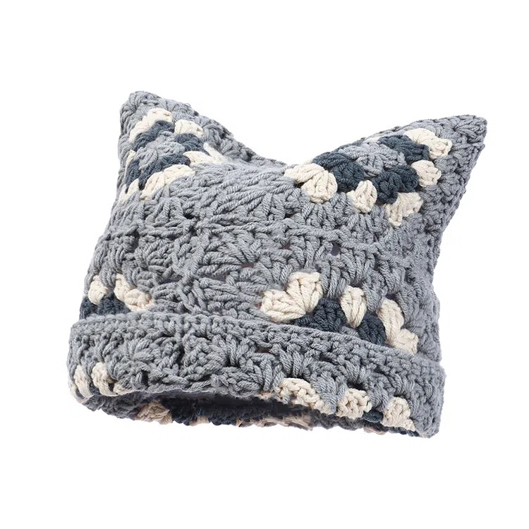 山一丸 秋冬可爱猫耳朵纯手工钩织新款保暖套头 腈纶 绒线帽 男女同款情侣款