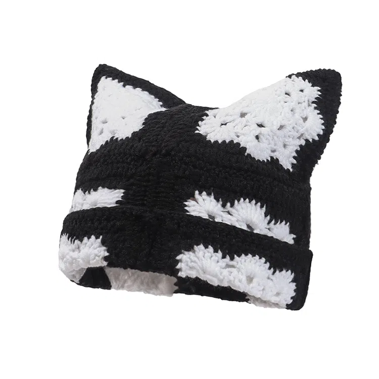 山一丸 秋冬可爱猫耳朵纯手工钩织新款保暖套头 腈纶 绒线帽 男女同款情侣款