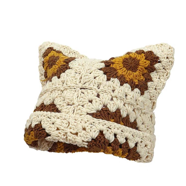 山一丸 秋冬可爱猫耳朵纯手工钩织新款保暖套头 腈纶 绒线帽 男女同款情侣款