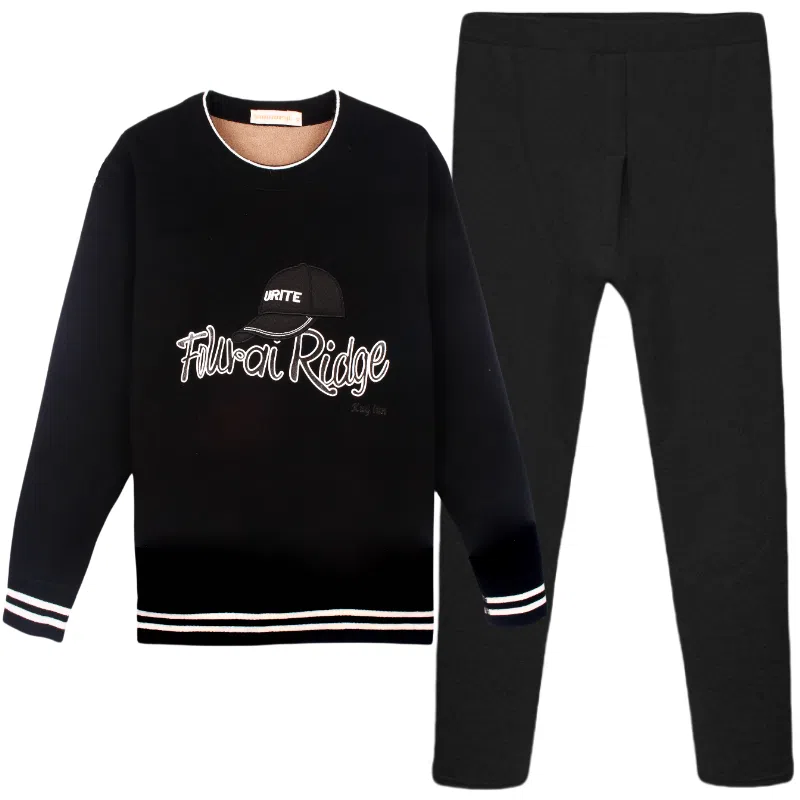 兰缪 加绒加厚青少年纯棉螺纹圆领家居服卫衣个性卡通涂鸦无骨拼接设计不易褪色防刮耐磨蓄热锁温抗寒舒适透气可外穿保暖套装 男款