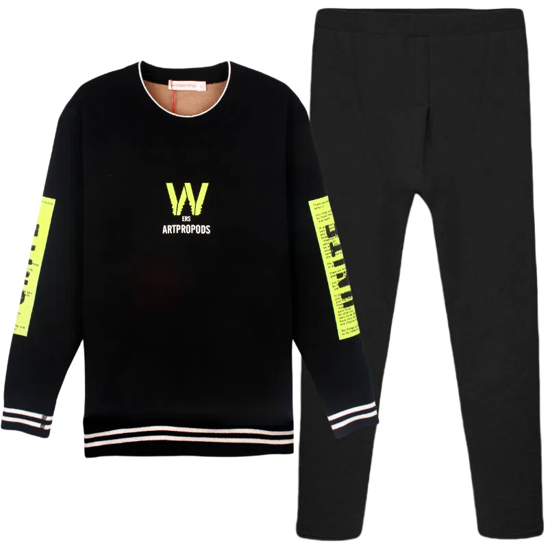 兰缪 加绒加厚青少年纯棉螺纹圆领家居服卫衣个性卡通涂鸦无骨拼接设计不易褪色防刮耐磨蓄热锁温抗寒舒适透气可外穿保暖套装 男款