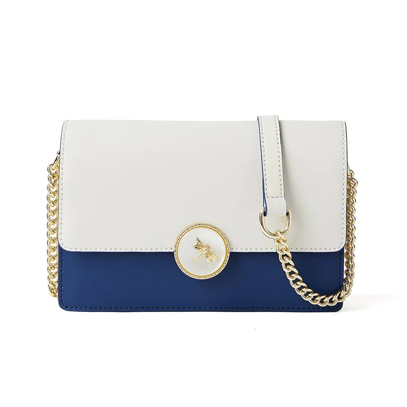 红蜻蜓 气质轻熟风百搭通用 牛剖层皮革 链条斜挎手拎包真皮手提包婚包时尚通勤撞色腋下包手提包 中号 男女同款情侣款 蓝白