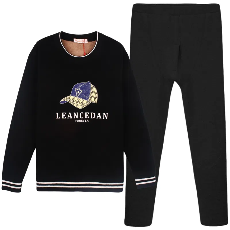 兰缪 加绒加厚青少年纯棉螺纹圆领家居服卫衣个性卡通涂鸦无骨拼接设计不易褪色防刮耐磨蓄热锁温抗寒舒适透气可外穿保暖套装 男款