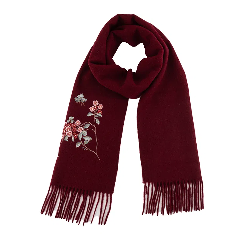 上海故事 秋冬福来系列绵羊毛加厚刺绣工艺流苏设计细腻柔软保暖礼盒包装 绒线围巾 女款