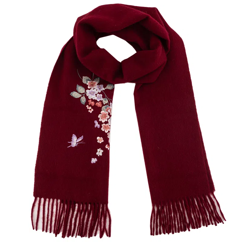 上海故事 秋冬福来系列绵羊毛加厚刺绣工艺流苏设计细腻柔软保暖礼盒包装 绒线围巾 女款