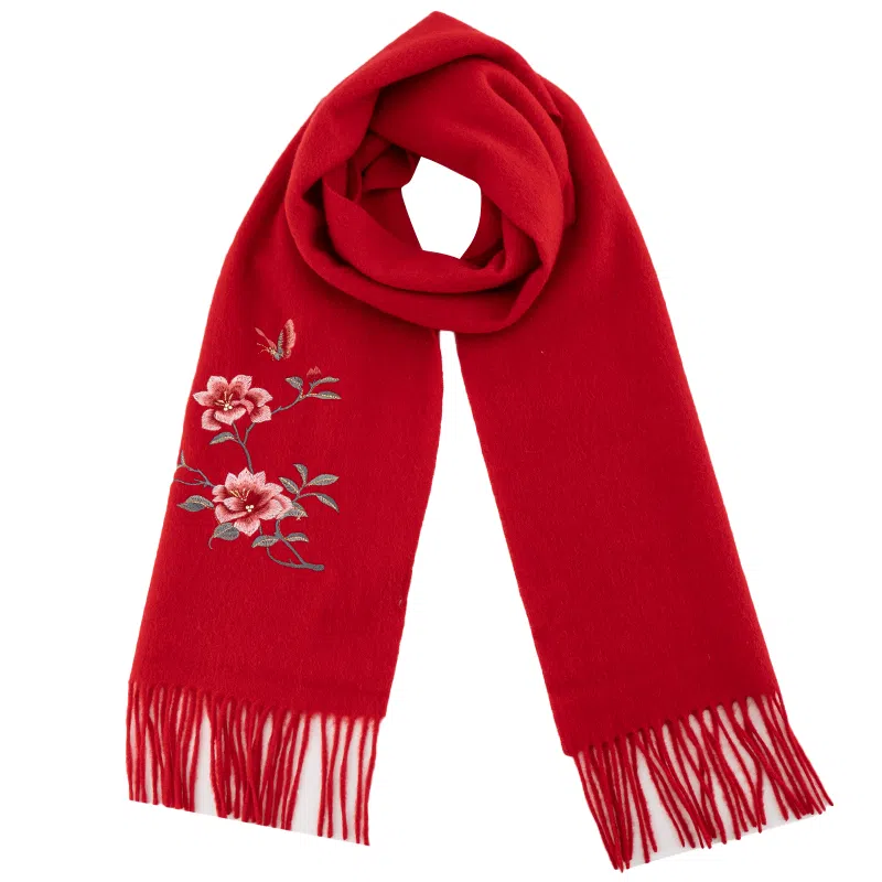 上海故事 秋冬福来系列绵羊毛加厚刺绣工艺流苏设计细腻柔软保暖礼盒包装 绒线围巾 女款
