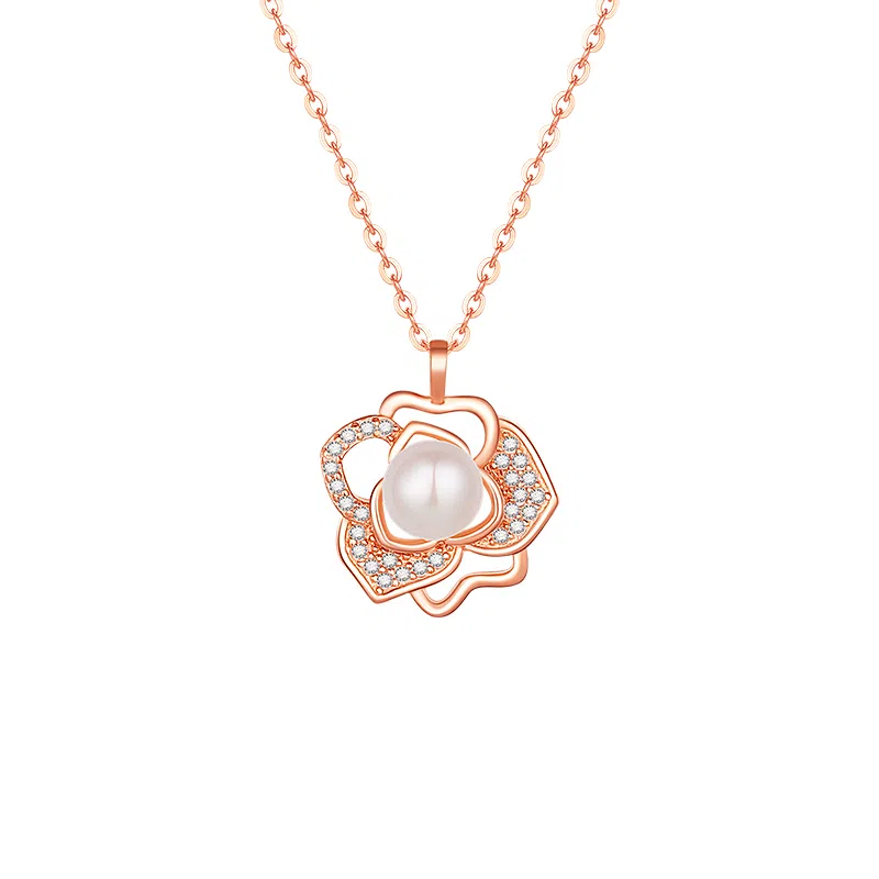 中国珠宝 玫瑰花锁骨链轻奢小众优雅温柔气质百搭新年圣诞元旦氛围感高级 淡水珍珠 项链 女款