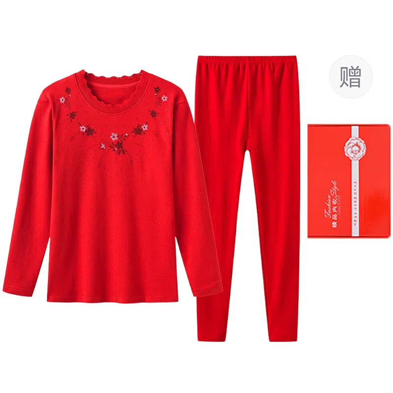 宜而爽 本命年时尚鸿运秋衣秋裤典雅抗菌毛衫过年打底三角裤中筒袜保暖套装 女款 礼盒装