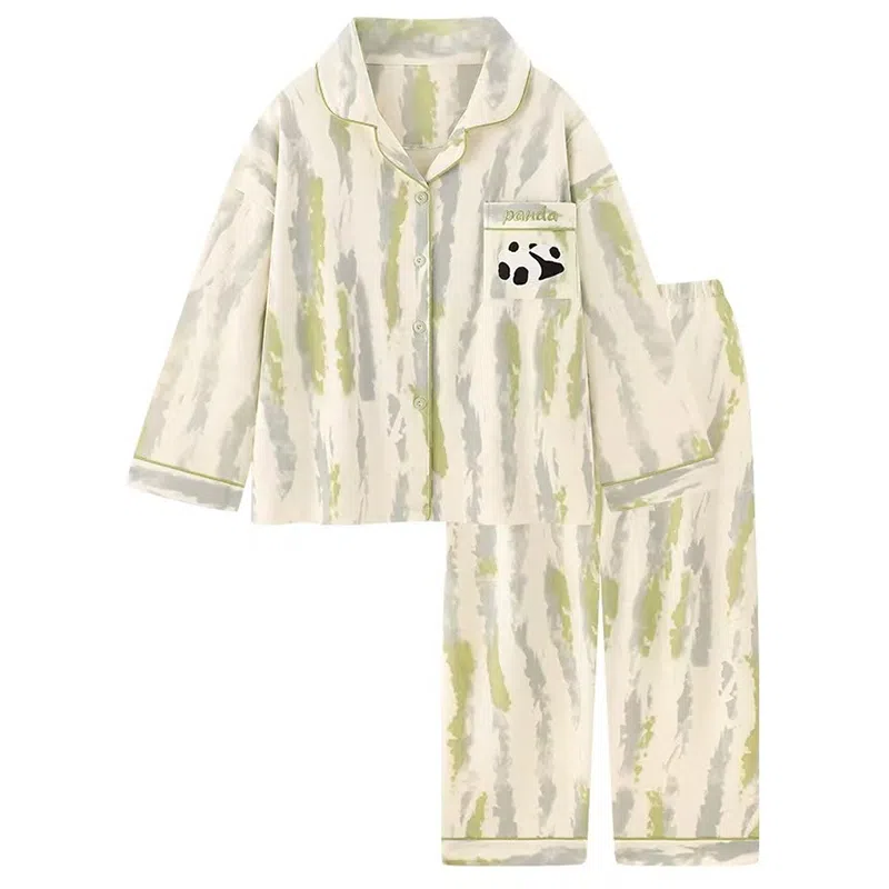 夏芬妍 简约舒适休闲不规则条纹熊猫印花翻领开衫纯棉家居服亲肤柔软长袖长裤可外穿睡衣礼盒 女款 浅绿色