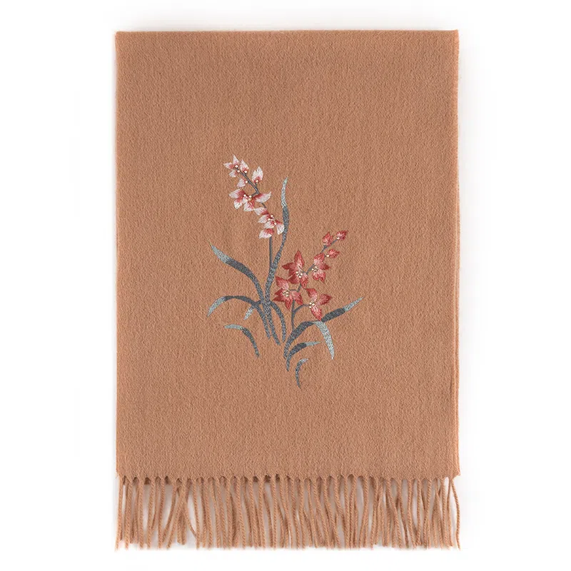 上海故事 静逸幽兰刺绣烫钻保暖舒适新中式 绵羊毛 绒线围巾 女款