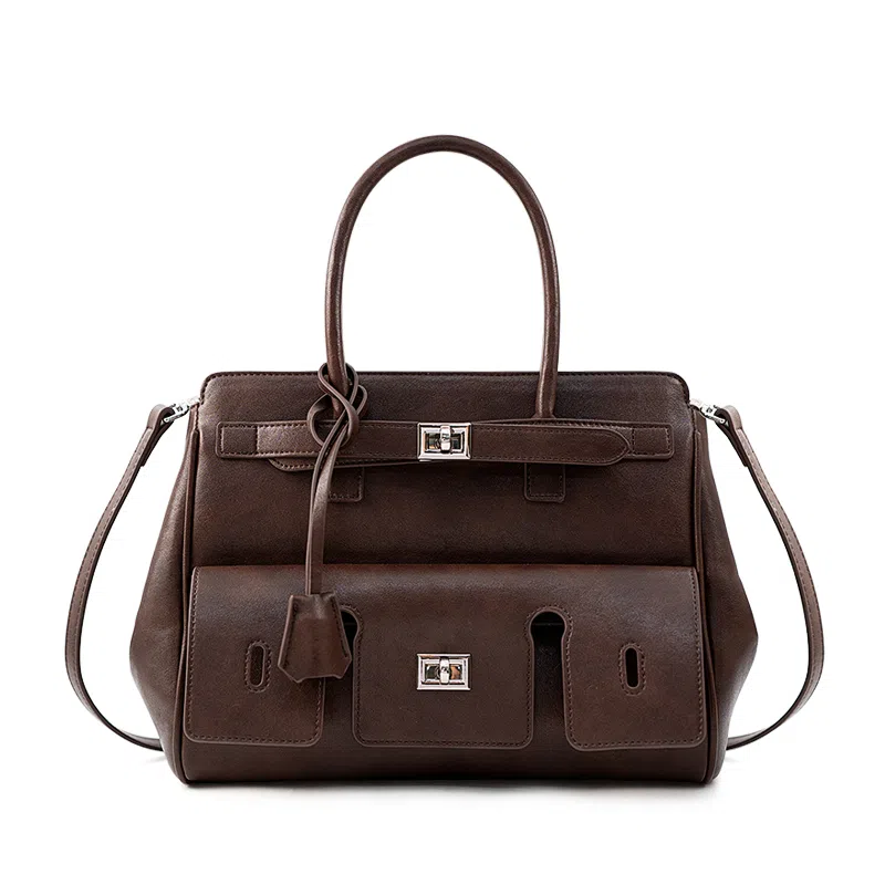 维尼奥 小众复古休闲百搭通勤妈妈包高级感时尚气质简约凯莉包 合成革 单肩斜挎手提包 常规 女款 黑色/椰壳棕/棕色/棕咖色