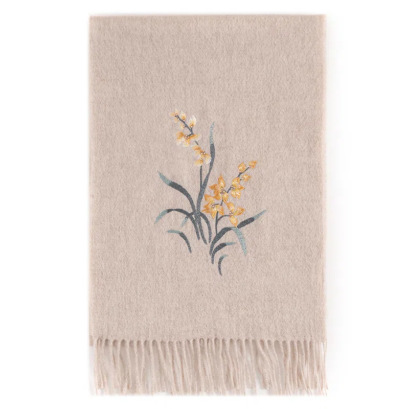 上海故事 静逸幽兰刺绣烫钻保暖舒适新中式 绵羊毛 绒线围巾 女款