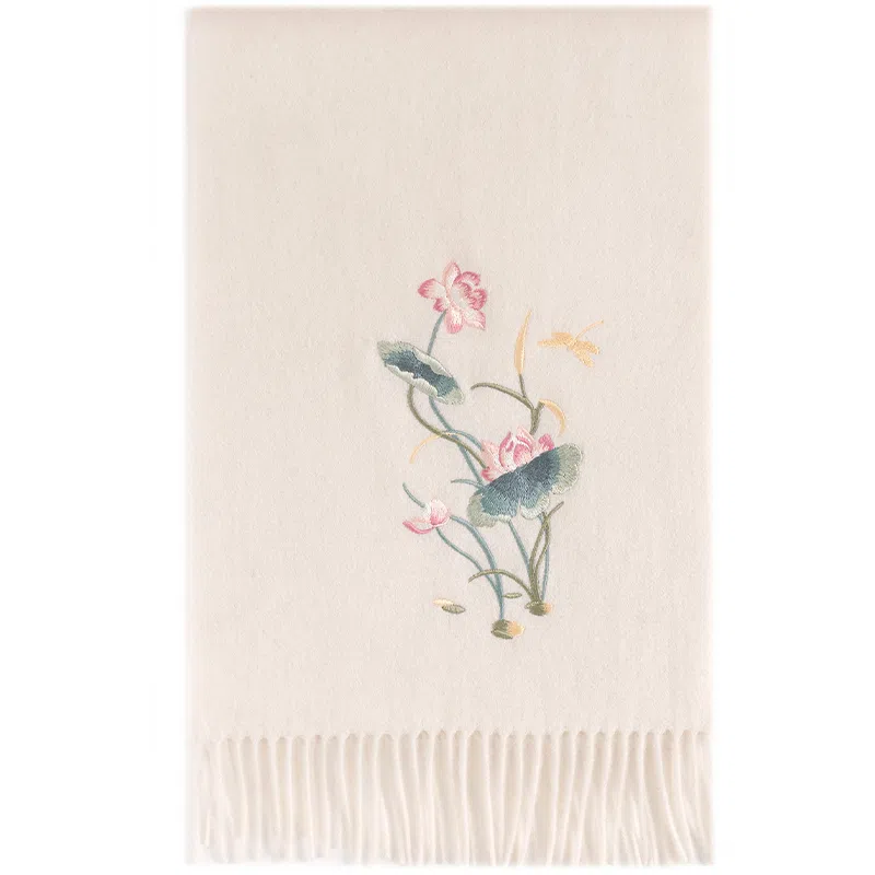 上海故事 锦绣荷韵精美刺绣加厚保暖柔软不扎 绵羊毛 绒线围巾 女款