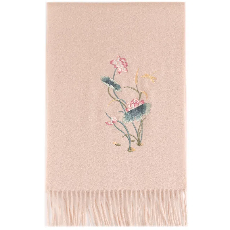 上海故事 锦绣荷韵精美刺绣加厚保暖柔软不扎 绵羊毛 绒线围巾 女款