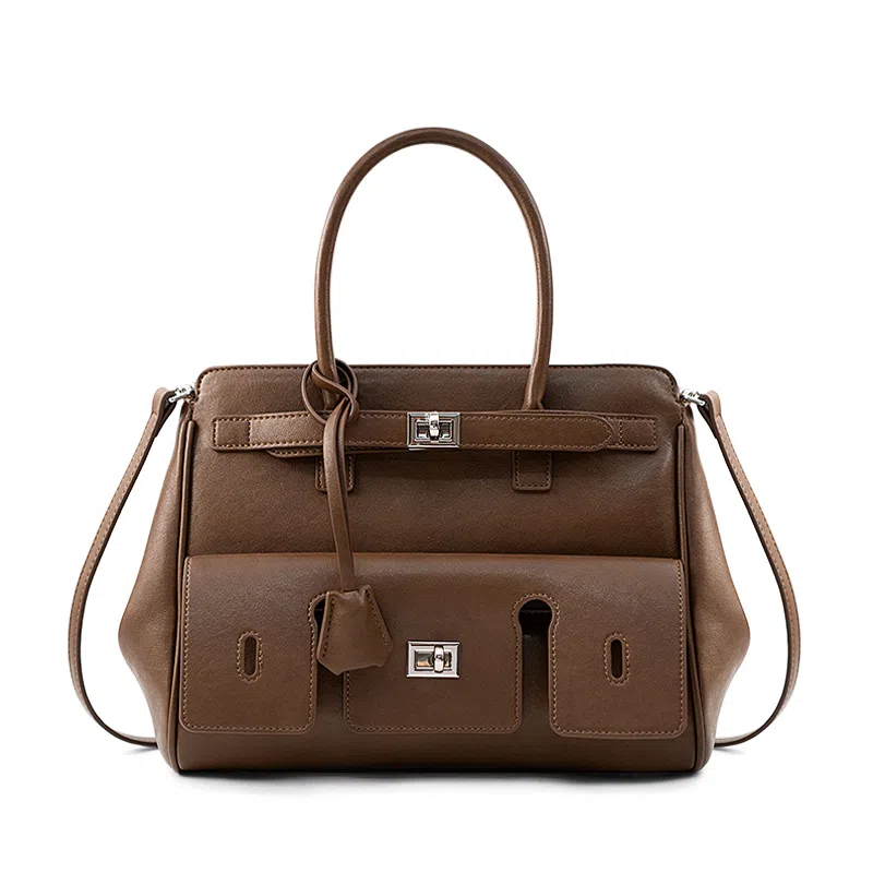 维尼奥 小众复古休闲百搭通勤妈妈包高级感时尚气质简约凯莉包 合成革 单肩斜挎手提包 常规 女款 黑色/椰壳棕/棕色/棕咖色