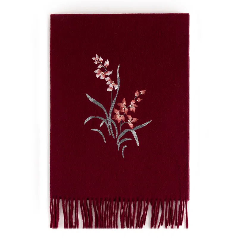 上海故事 静逸幽兰刺绣烫钻保暖舒适新中式 绵羊毛 绒线围巾 女款