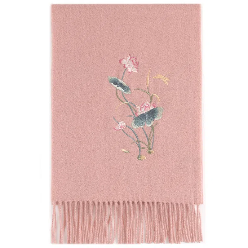 上海故事 锦绣荷韵精美刺绣加厚保暖柔软不扎 绵羊毛 绒线围巾 女款