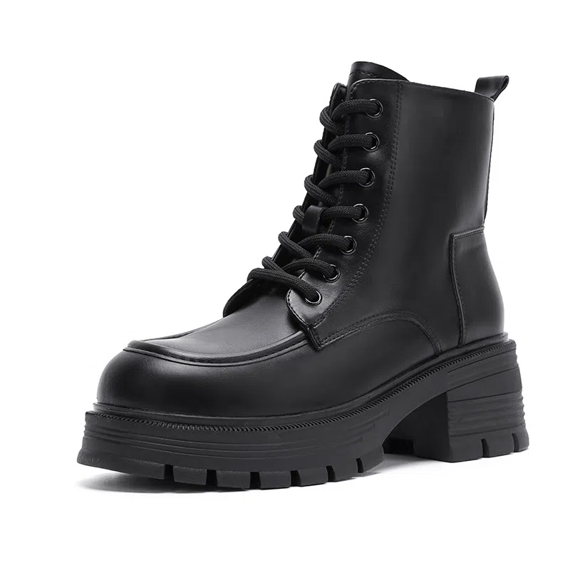 华耐 合成革 厚底时尚百搭工装 短筒 马丁靴 女款 黑色