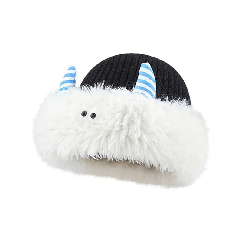 千桐 冬季毛茸茸雪怪豆豆眼怪兽小角 聚酯纤维 绒线帽 男女同款情侣款