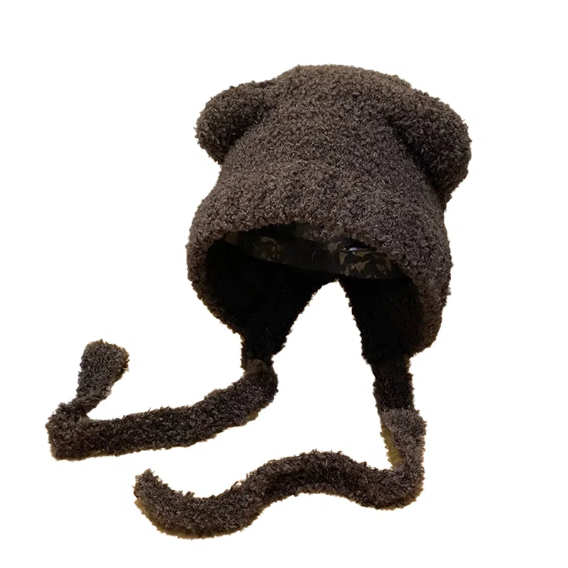 千桐 护耳带绳萌系冬日出街 小熊粗线 棉 涤纶 绒线帽 女款