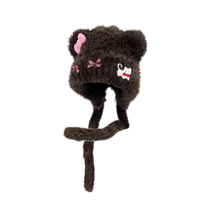 千桐 小熊蝴蝶结少女感精致套头护耳保暖甜美日常通勤 棉 绒线帽 女款