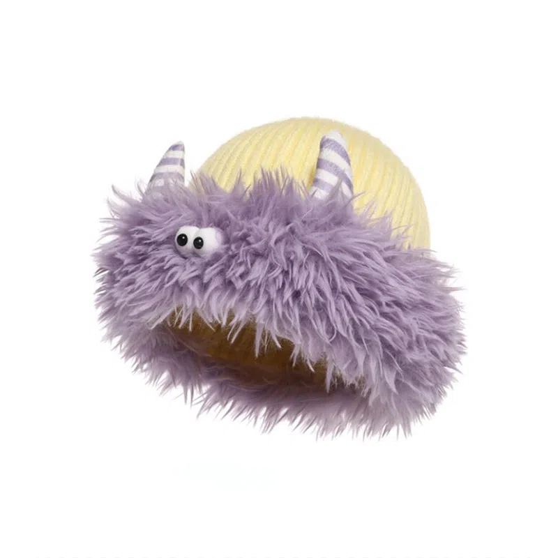 千桐 冬季毛茸茸雪怪豆豆眼怪兽小角 聚酯纤维 绒线帽 男女同款情侣款