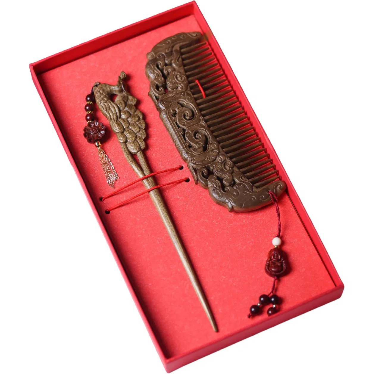 書卓 【牡丹富贵】 婚嫁古典优雅 传统手工 国风潮流 名贵木材 自带香气 原创设计 保真小叶桢楠 楠木 木梳簪子 女款