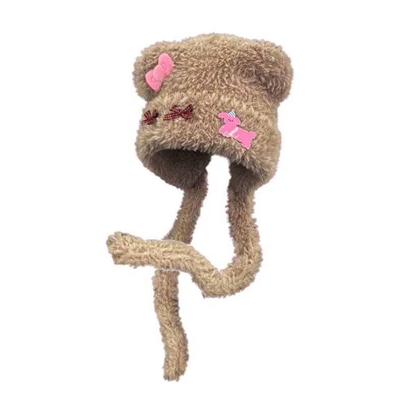 千桐 小熊蝴蝶结少女感精致套头护耳保暖甜美日常通勤 棉 绒线帽 女款