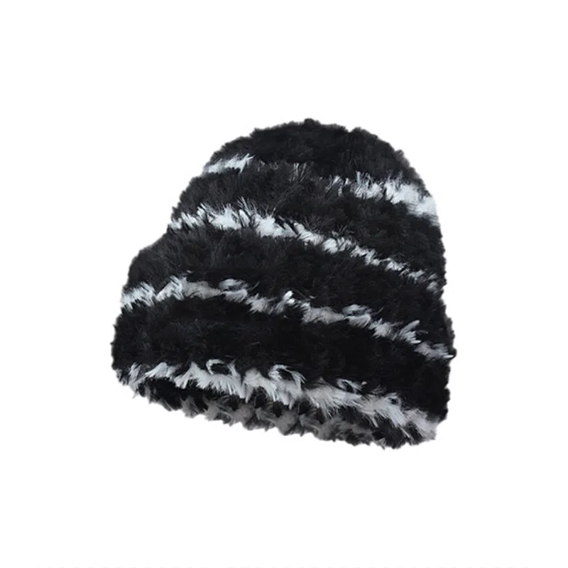 千桐 毛茸茸黑白条纹标签 温暖氛围感通勤百搭 涤纶 绒线帽 男女同款情侣款