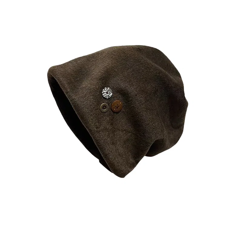 【潮酷穿搭】 浪莎 韩系毛呢纽扣冷帽堆堆帽女生秋冬高级感包头帽子显脸小护耳月子帽 涤纶 绒线帽 女款