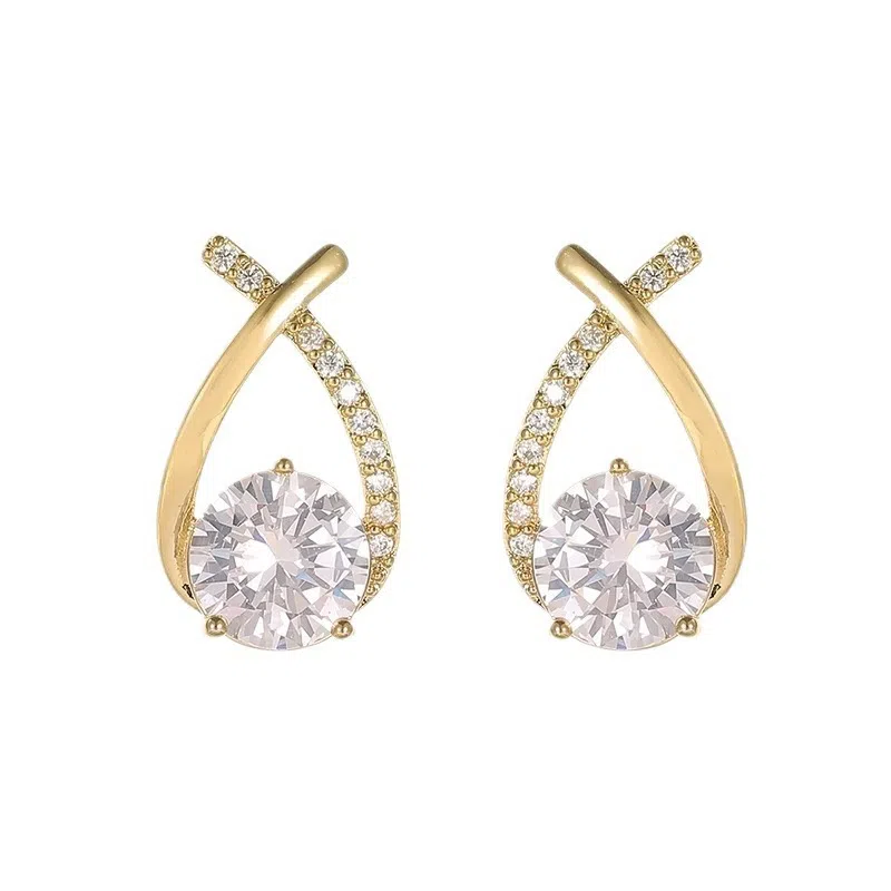 彤彤兔 简约交叉金色水钻耳钉女小众设计耳钉爆款 梓合金 耳环 女款