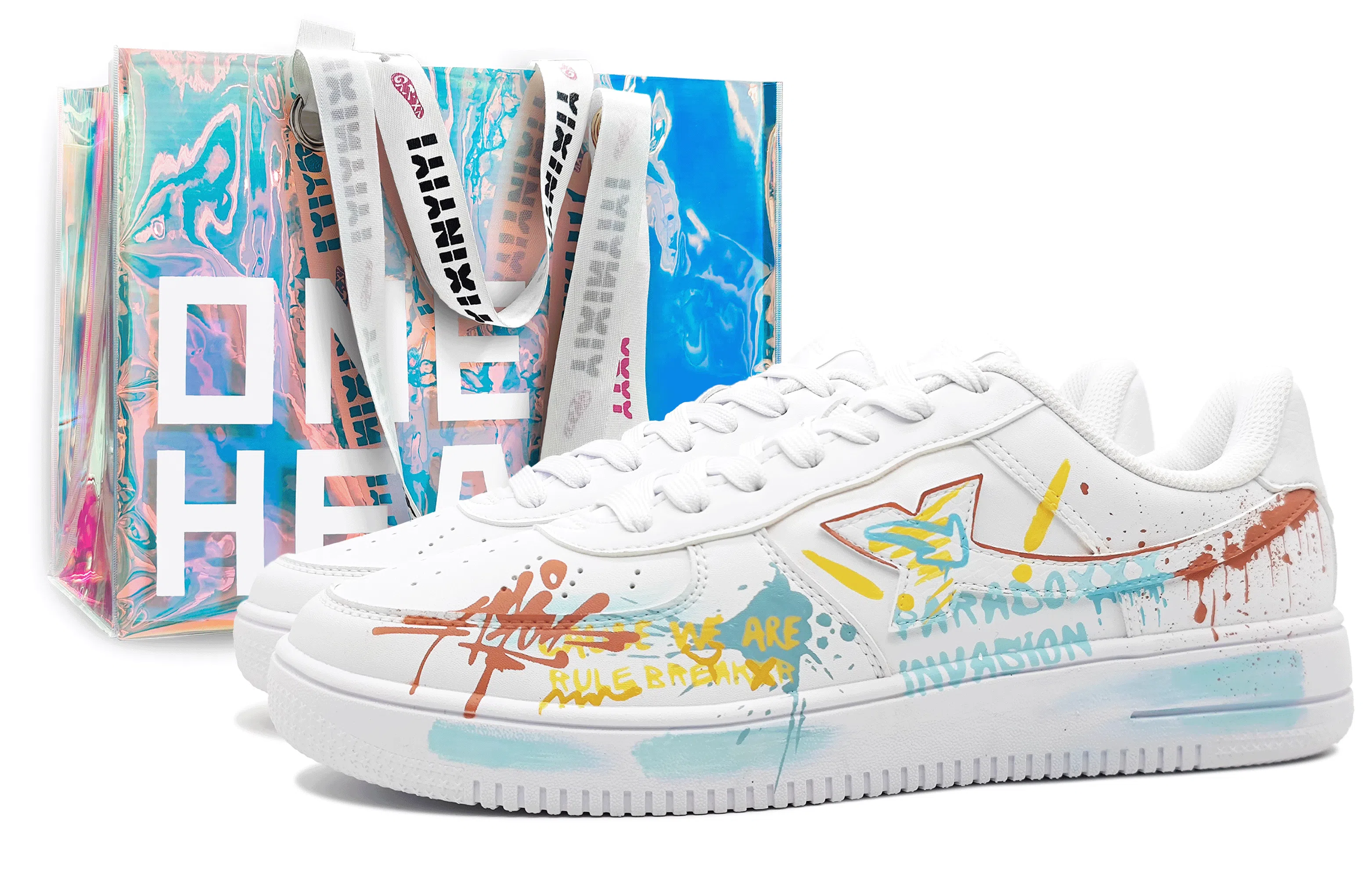 【定制球鞋】特步 空军一号 礼盒款 疯玩艺术 创意涂鸦 舒适百搭 防滑减震 低帮 板鞋 男女同款 白蓝