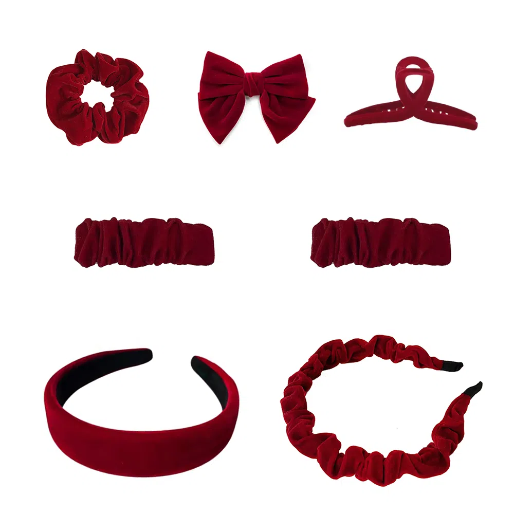 千桐 喜庆复古优雅高级感气质高颅顶发饰红色丝绒七件套一字边夹抓夹褶皱蝴蝶结 植绒 发夹 女款