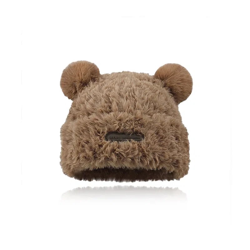 千桐 小熊耳朵毛绒套头帽可爱萌趣百搭秋冬季保暖氛围感针织帽 涤纶 绒线帽 男女同款情侣款