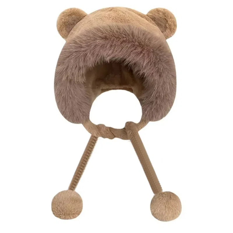 千桐 秋冬保暖护耳毛绒小熊帽 绑带 加厚保暖可爱显脸小 软糯少女心 骑车防风 聚酯纤维 绒线帽 女款