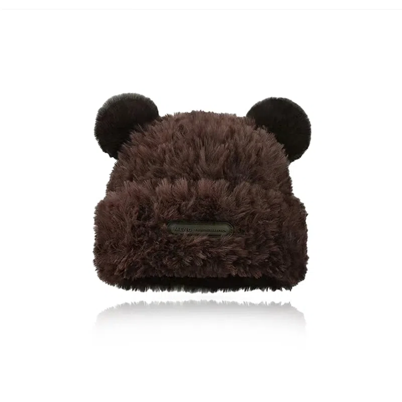 千桐 小熊耳朵毛绒套头帽可爱萌趣百搭秋冬季保暖氛围感针织帽 涤纶 绒线帽 男女同款情侣款